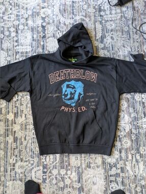 Black Pullover Hoodie with Blue Skull Graphic